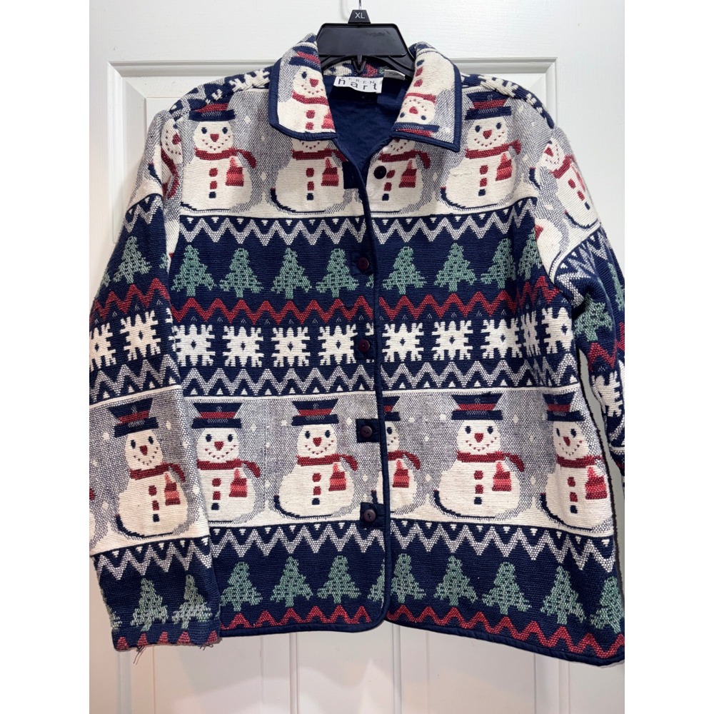 Keren Hart Snowman Tapestry Jacket Womens Large‎ Navy Blue Holiday Cotton Blazer